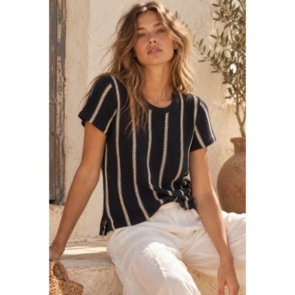 Theory Emmeris Ibisco Navy Blue White Striped Cotton Knit Short Sleeve Top P